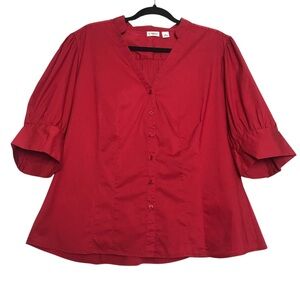 Cato Red Poof Short Sleeve Smocked Button Up Shirt Womens Sz XL Coquette Pinup